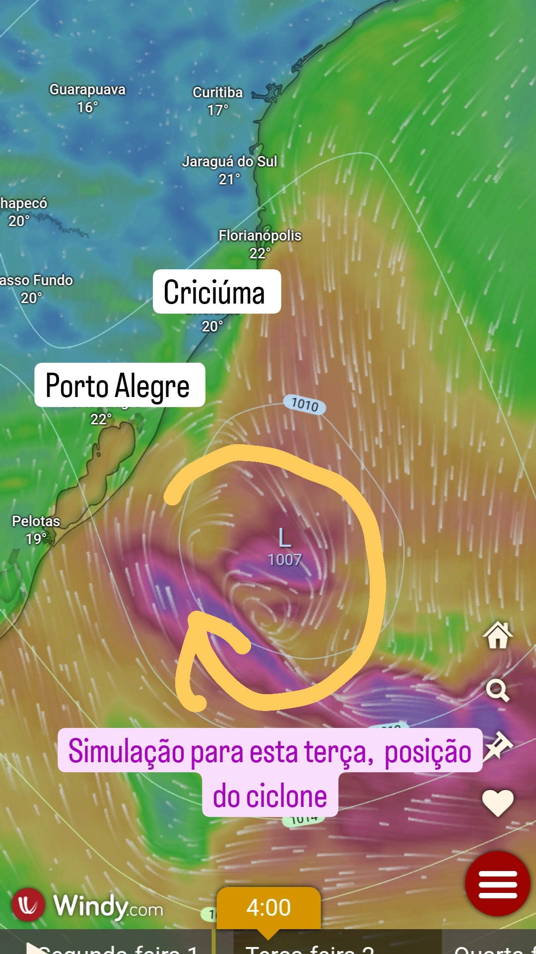 Baixa pressão no Atlântico nesta terça feira com vento moderado no litoral catarinense (sul). Um pouco sobre ciclones