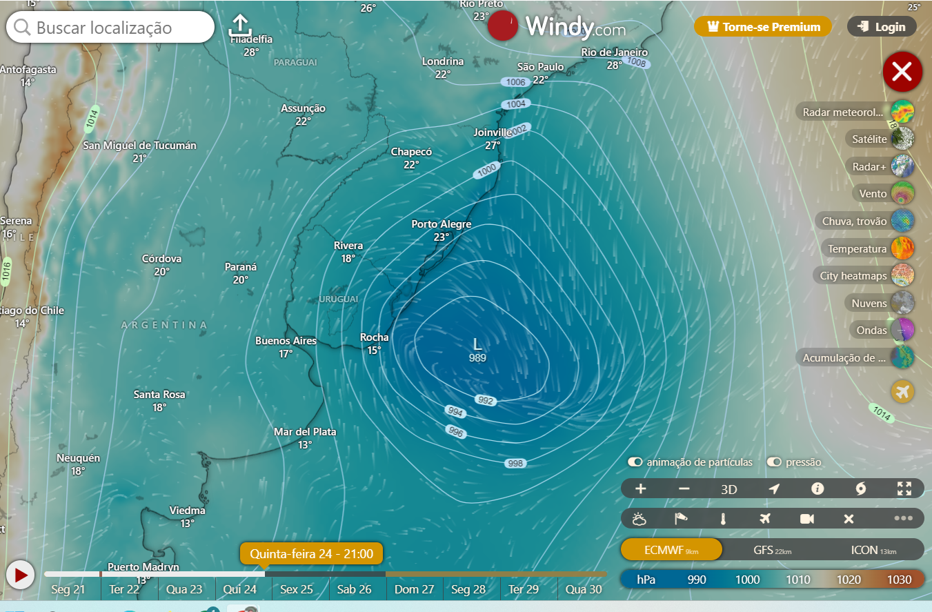 Nesta semana chega um ciclone extratropical no sul do Brasil, primeiros dados disponíveis? Intensidade dos ventos?