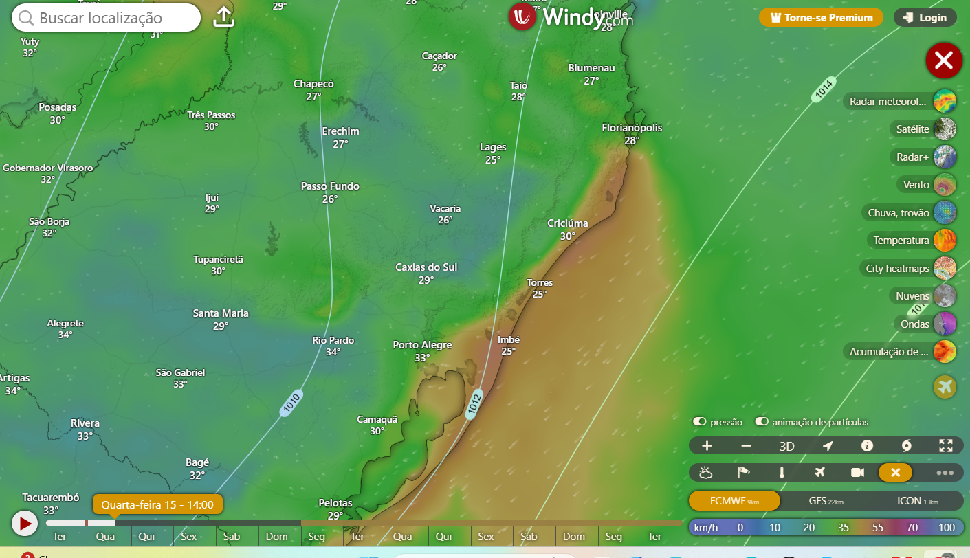 Muito calor nos próximos dias no sul do Brasil! 40 °C no Rio Grande do Sul e 36°C em Criciúma.