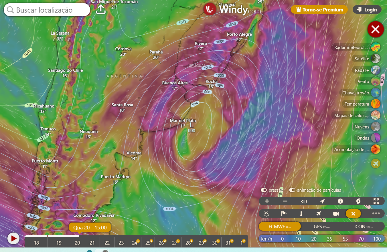 Ciclone Extratropical chega na costa do Uruguay e interfere no nosso tempo! Ventania a vista nesta terça e quarta no litoral do sul do Brasil.