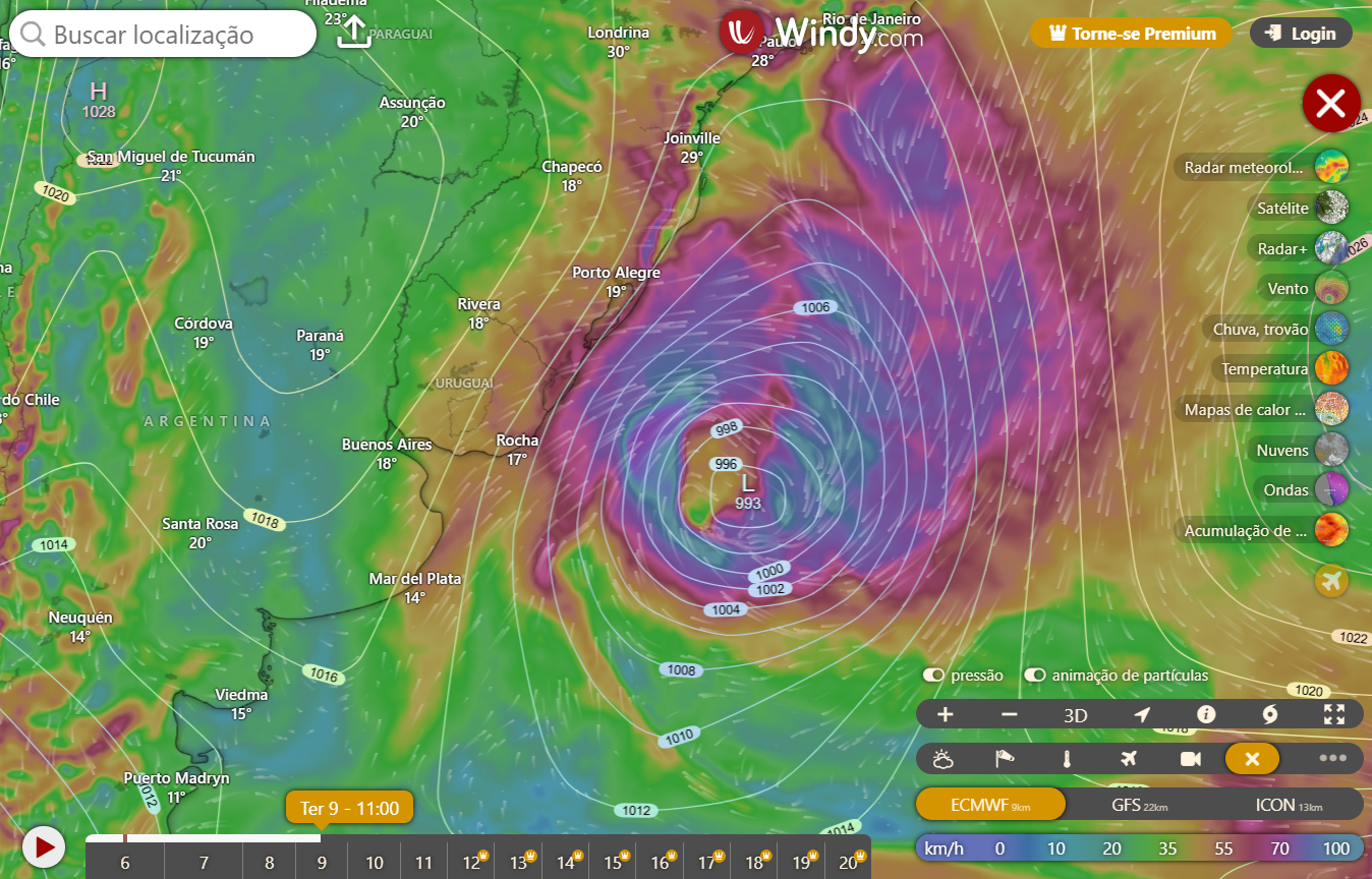 Início da próxima semana agitado no sul do Brasil, Ciclone e chuva.